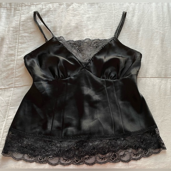 Vintage Tops - Vintage Black‎ Satin Lace Trim Babydoll Cami Small 6 Goth Classic Going Out Vamp